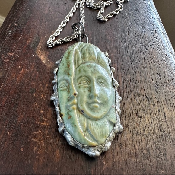Sun and Moon Face Polymer Pendant Sterling Silver Necklace - Picture 4 of 16